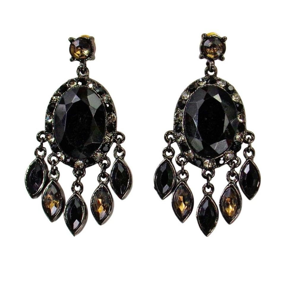 Black and gray crystal earrings with oval center, small crystal marquise drops